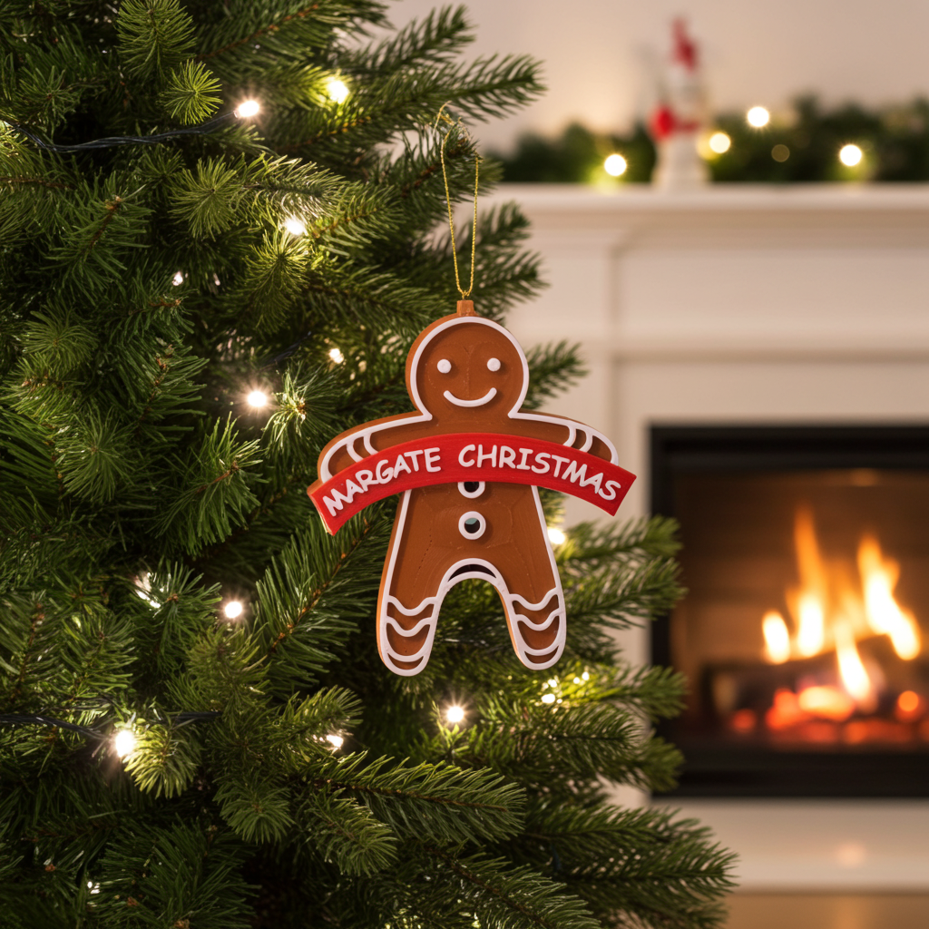 Gingerbread man ornament with 'Margate Christmas' on a decorated tree in front of a fireplace.