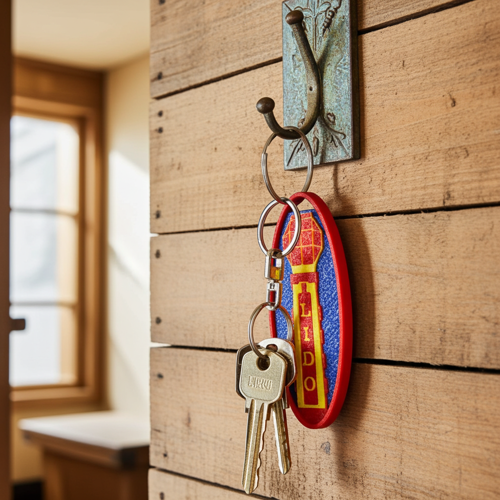 Margate Lido Keychain with keys hanging on a hook attached to a wooden wall.