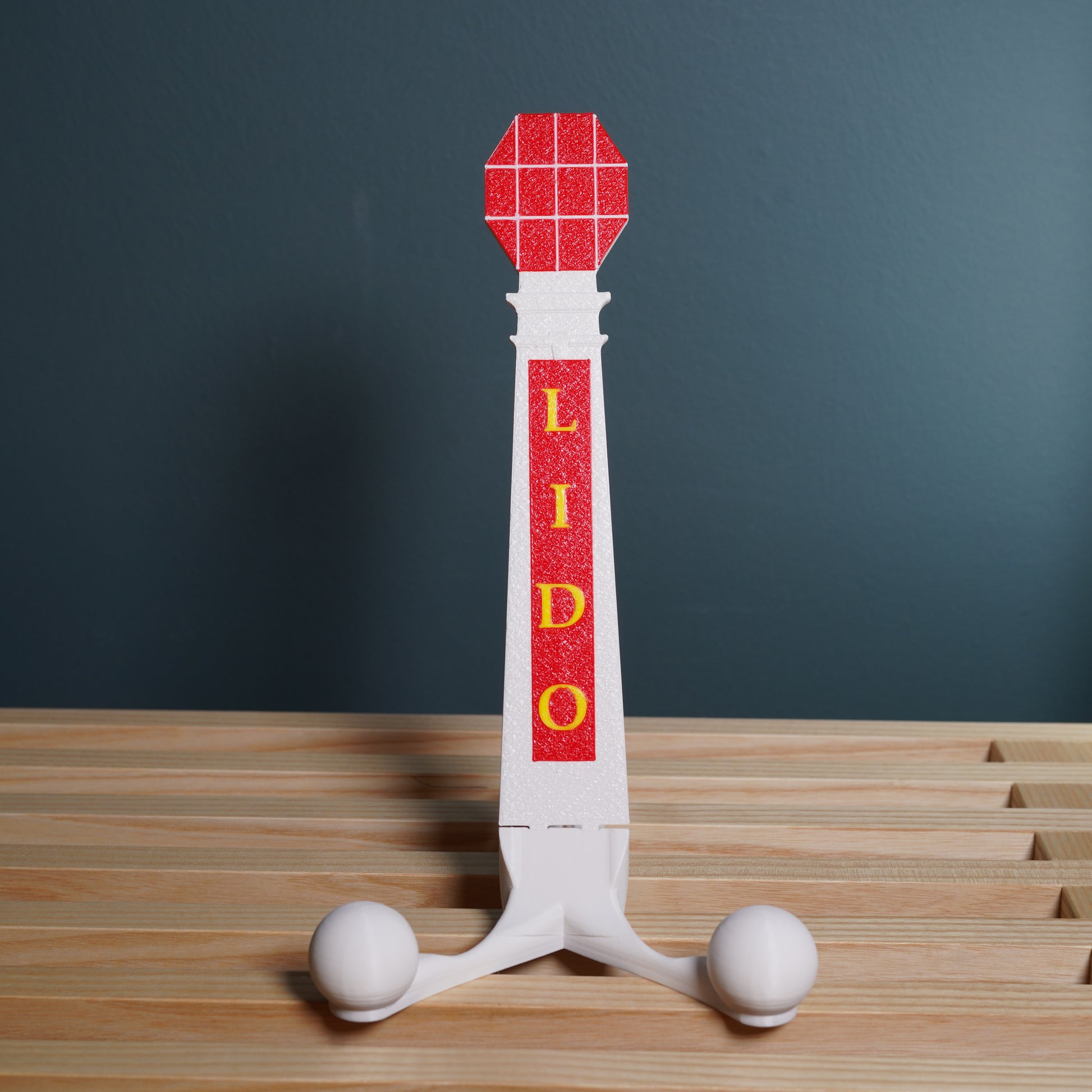 a front view of the tablet stand inspired by the Margate Lido