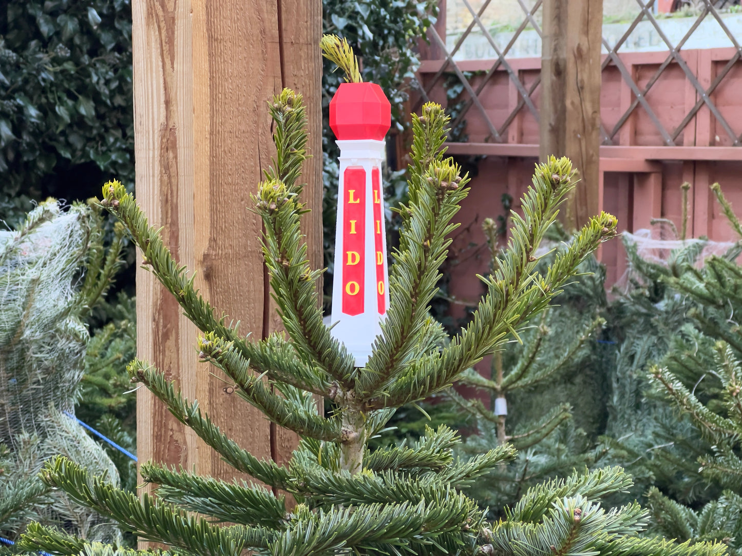 Christmas tree with a Margate Lido brand tag in an outdoor setting