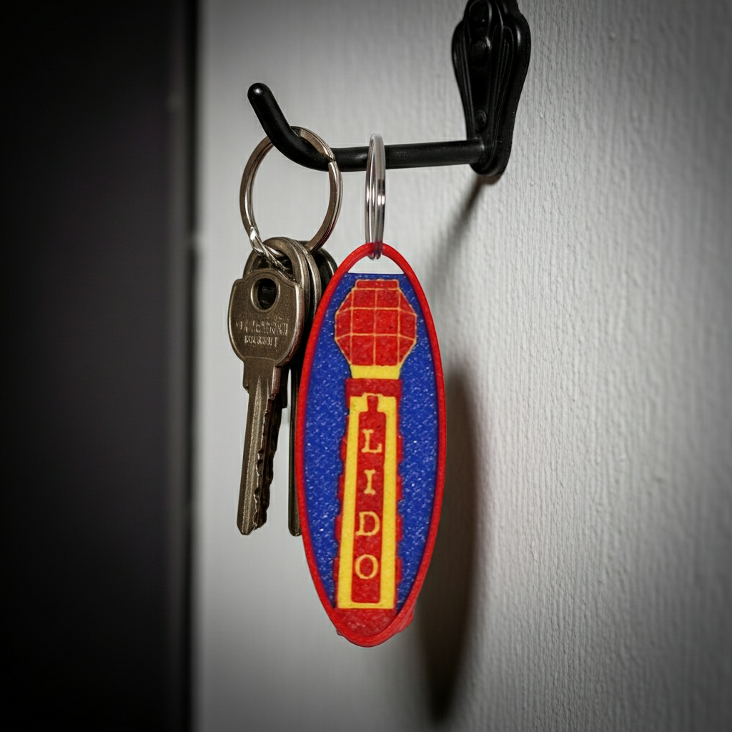 Keychain with Margate 'Lido' logo attached to a key on a hook against a gray wall.