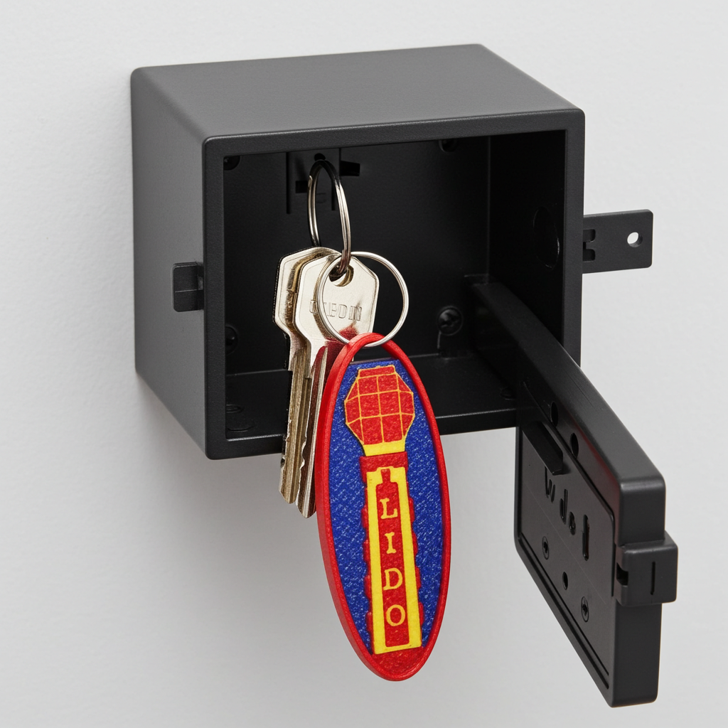 Key cabinet with keys inserted, featuring a Lido keychain.