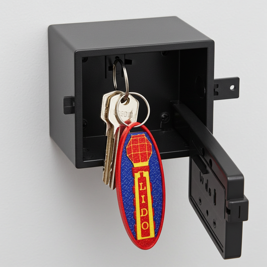 Key cabinet with keys inserted, featuring a Lido keychain.