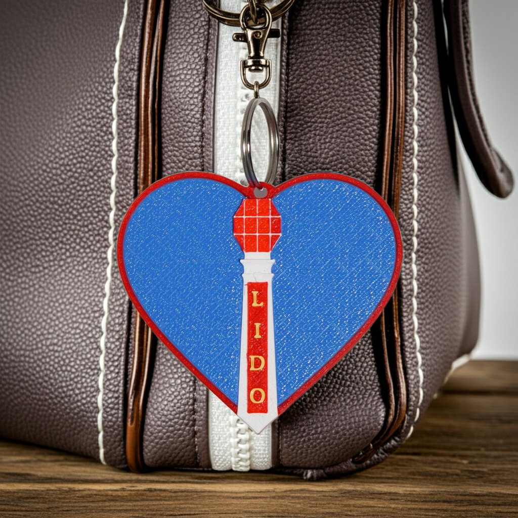 Heart-shaped keychain with a red and white design on a brown leather bag.