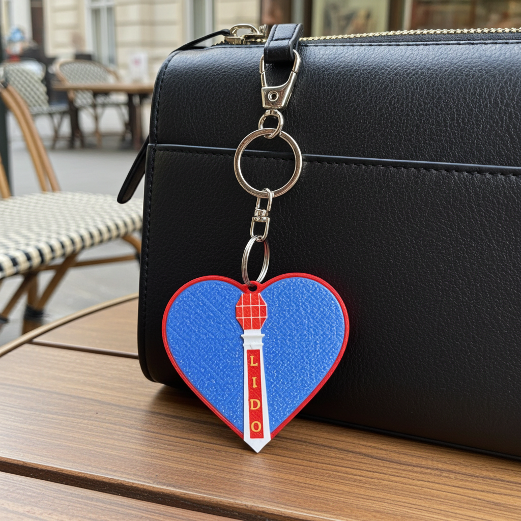 Heart-shaped keychain with a red and blue design on a black bag.