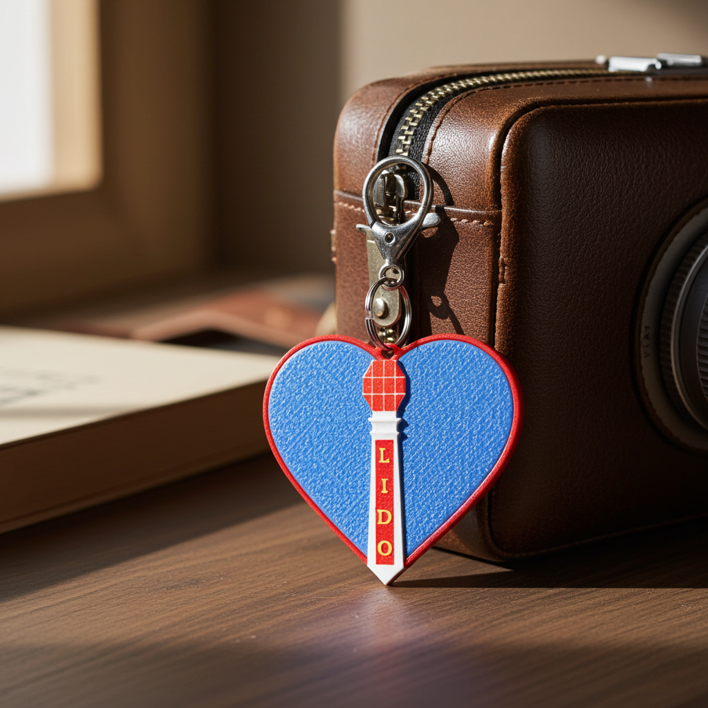 Heart-shaped keychain with a Lido design on a brown leather bag.
