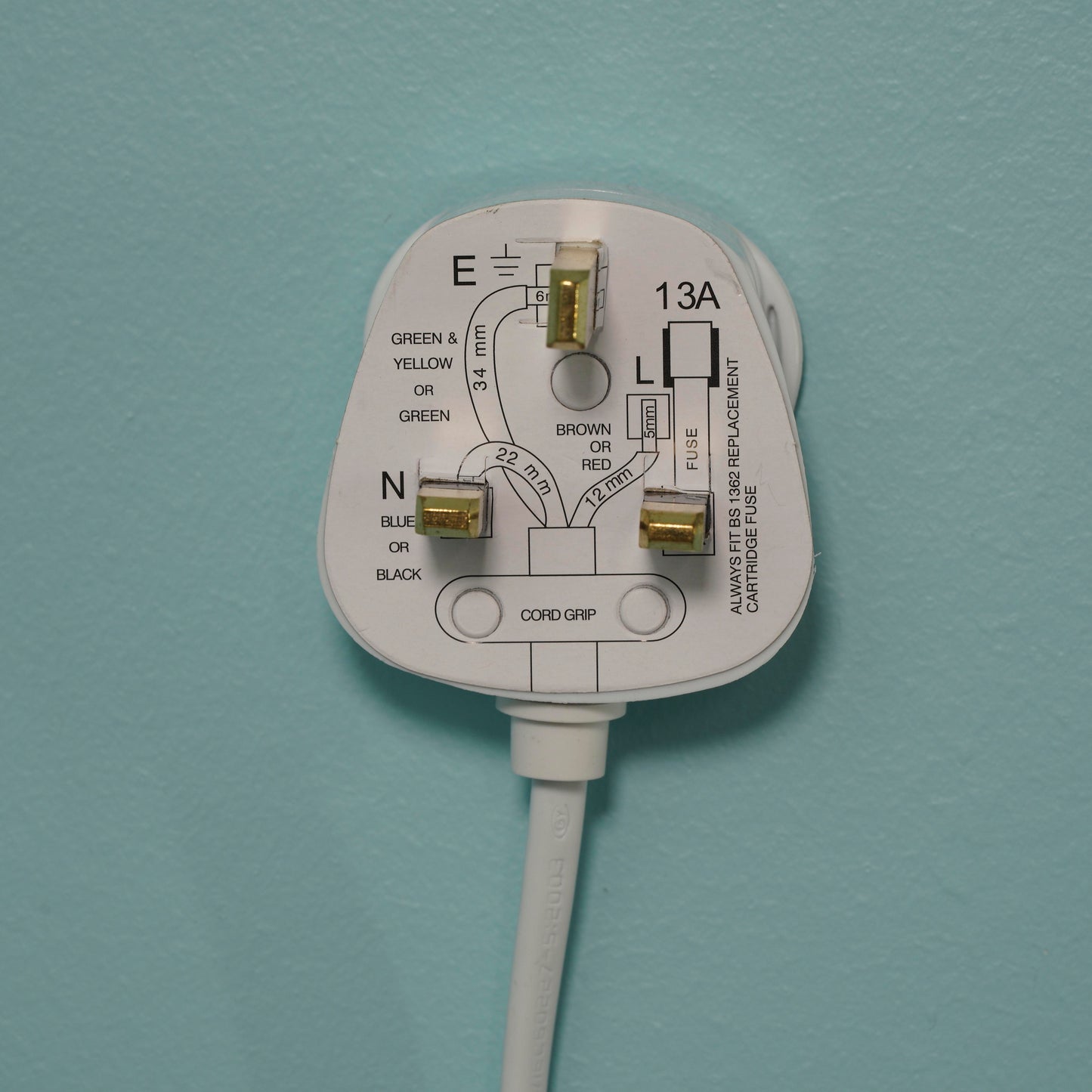 White electrical plug with wiring diagram on a light blue background